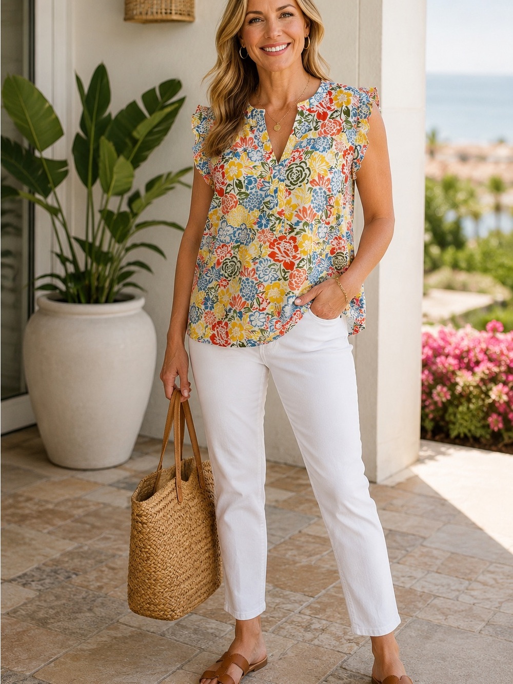 Talbots XL Floral 100% Cotton Ruffle Sleeve Blouse Coastal Preppy